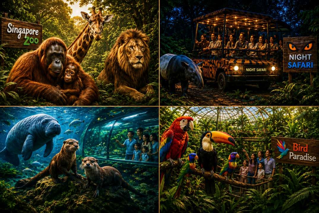 Mandai Wildlife Pass featuring four attractions: orangutans and lion at Singapore Zoo, night safari vehicle tour, underwater 